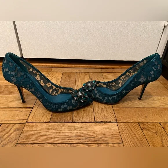 Elegant Teal Lace Heels with Gem Embellishments - Picture 2 of 7
